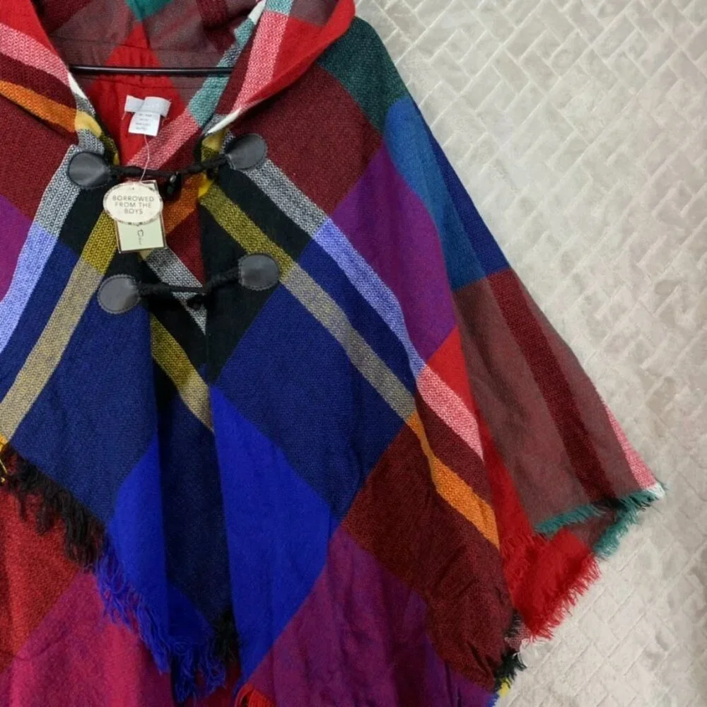 Lake Shore Drive Womens Poncho Toggle Closure Colorful Plaid Fringe Cottage Core - Picture 5 of 16
